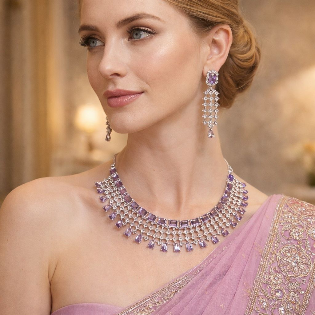 Royal Amethyst Cascading Diamond Necklace Set