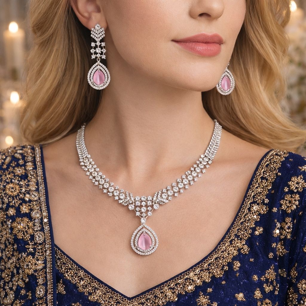 Blush Pink Teardrop Diamond Necklace Set