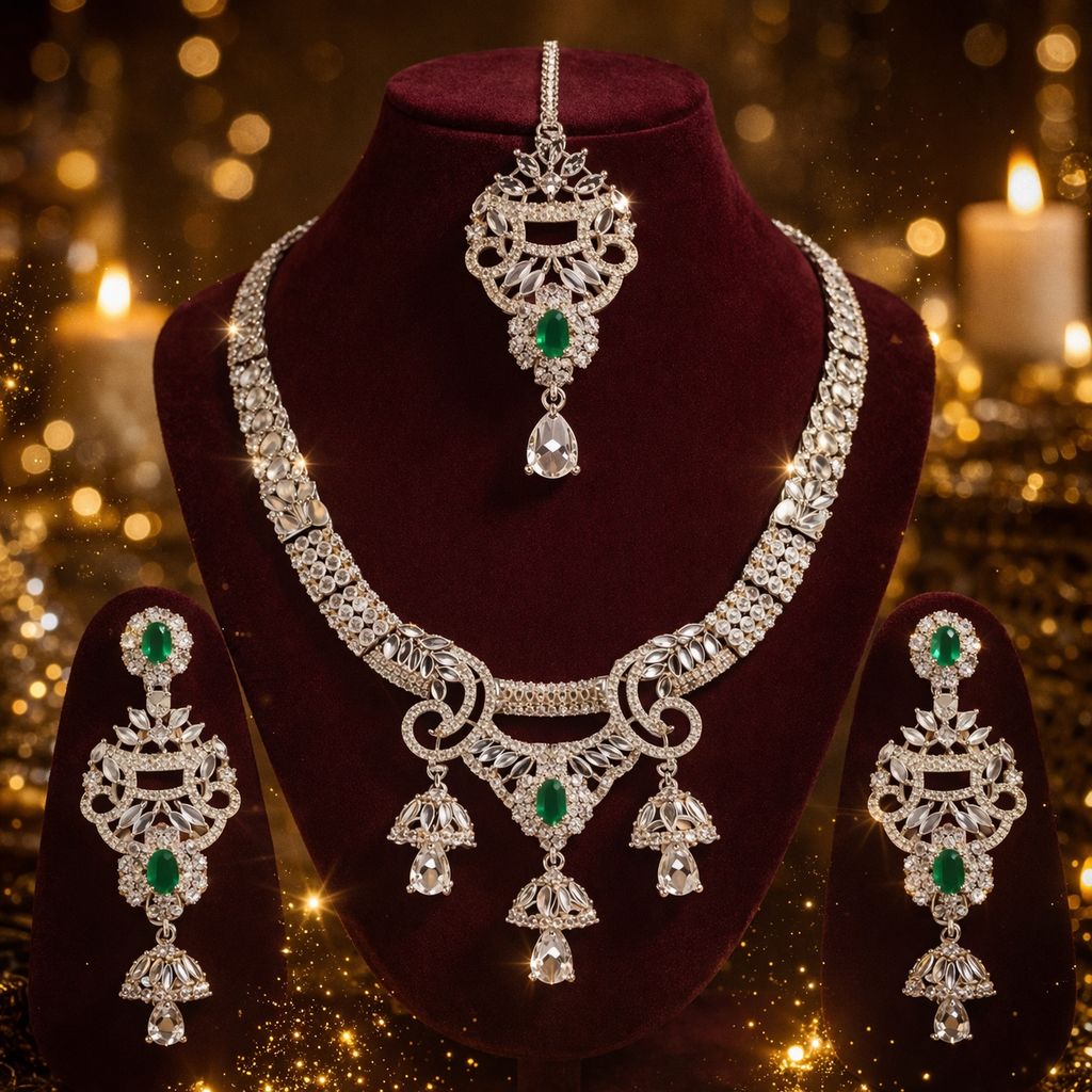 Regal Emerald Diamond Bridal Necklace Set with Maang Tikka & Jhumka Earrings