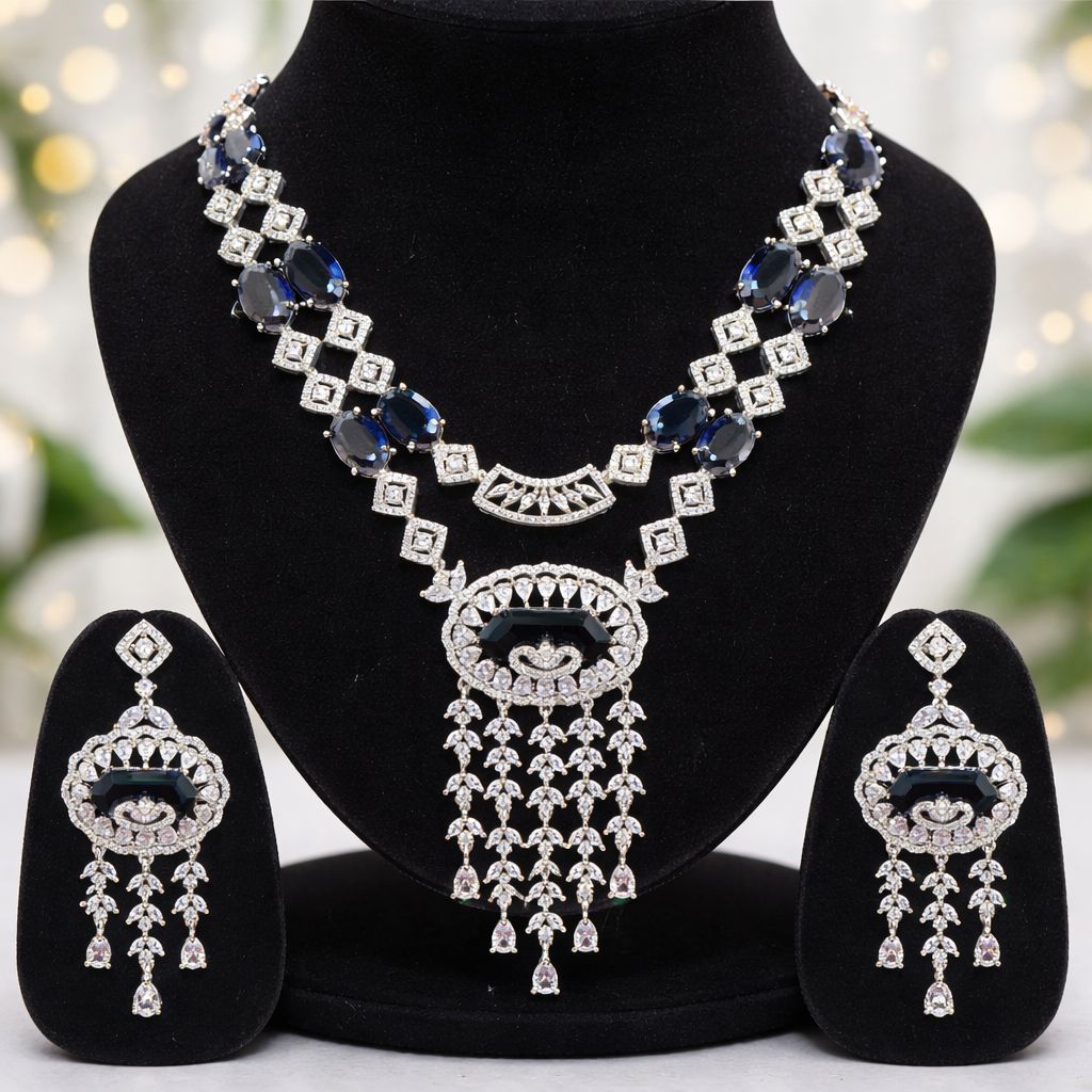 Mystic Navy Blue & Black Diamond Fringe Bridal Necklace Set